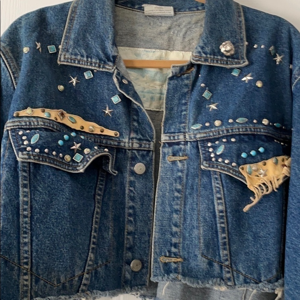 Vintage Jean Denim Frayed Edge Stud & Embellished FREEGO Leather Cropped Jacket